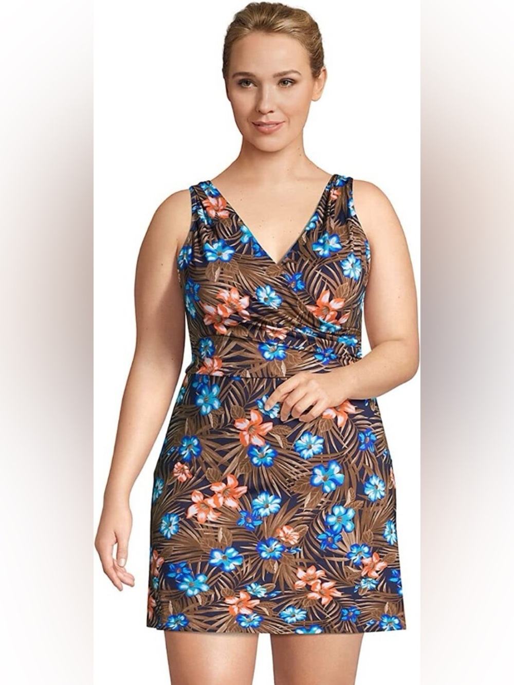 Lands' End Women’s Plus Floral V-Neck Swim Dress Swimsuit Tropical Floral 26W